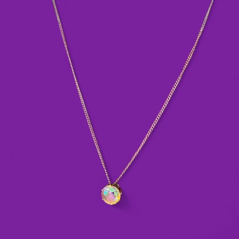 Silver tone iridescent glass crystal stone necklace